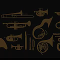 Various Golden Brass Instruments Silhouettes Collection On Black Background Design 3d model