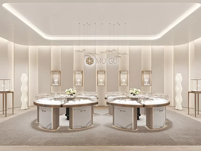 Modern Jewelry Store Interior Design with Round Display Counters and Hanging Lights for Jewelry 3d model