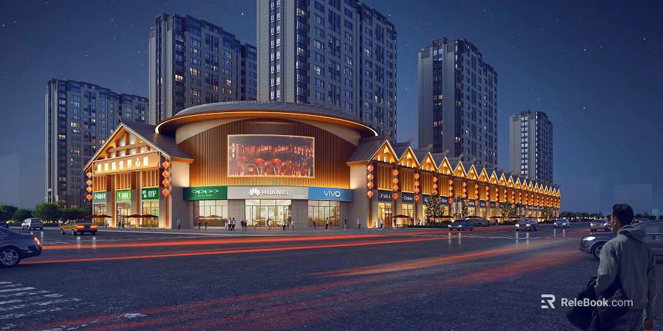 Vibrant Night Commercial Street With Modern High Rise Buildings Illuminated Shops And Large Screen 3d model 