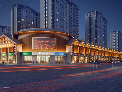 Vibrant Night Commercial Street With Modern High Rise Buildings Illuminated Shops And Large Screen 3d model