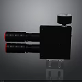Black Industrial Equipment With Top Sensor And Two Red Cylindrical Parts On Metal Stand