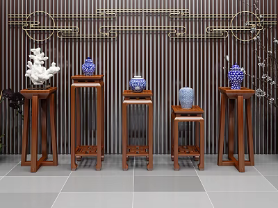 Traditional Wooden Flower Stands Display Blue White Porcelain On Dark Striped Wall With Golden Decorations 3d model