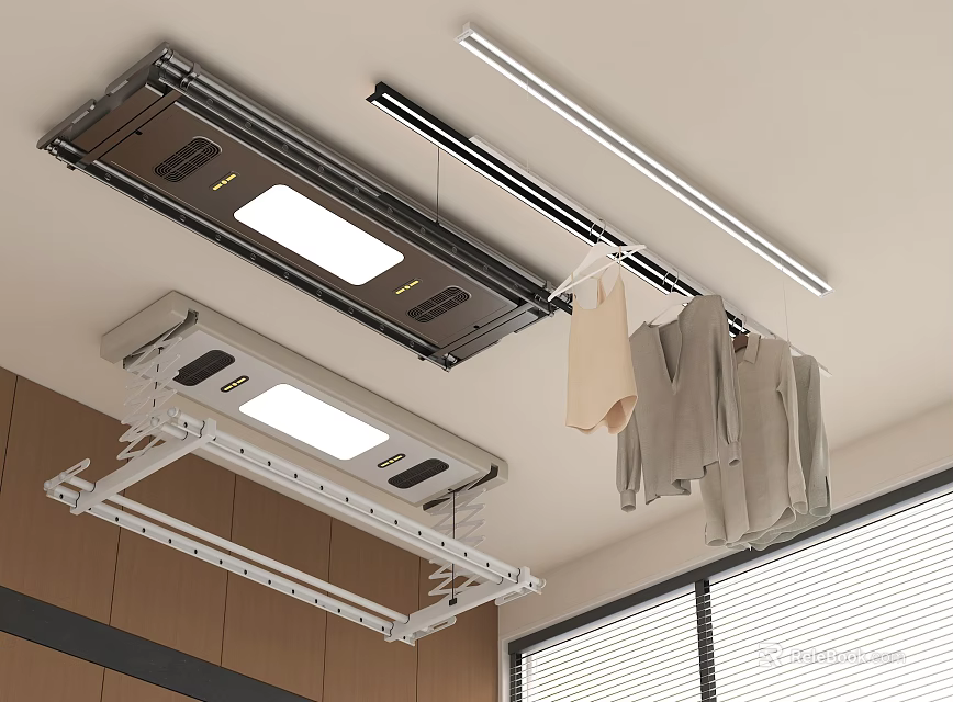 Smart Ceiling Mounted Clothes Dryer With LED Light And Adjustable Hanger Rails 3d model 