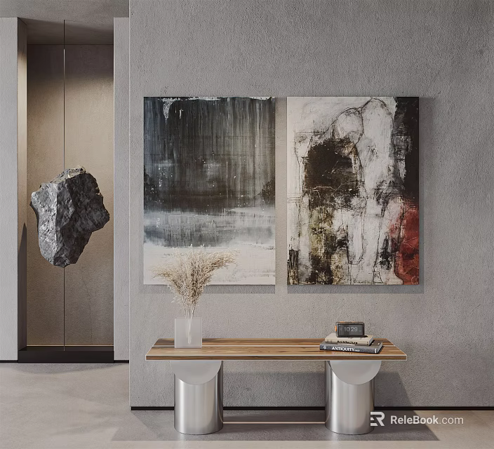 Abstract Paintings On Gray Wall With Wooden Table Vase And Books Decor 3d model 