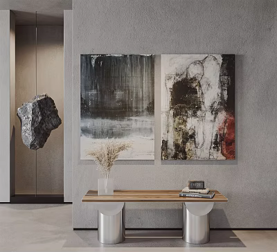 Abstract Paintings On Gray Wall With Wooden Table Vase And Books Decor 3d model
