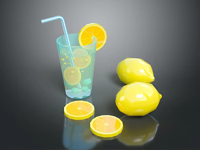 Refreshing Blue Drink in Clear Glass with Straw Ice Cubes Lemon Slice and Whole Lemons 3d model