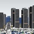Modern High Rise Buildings With Glass Facades In Urban Cityscape And Greenery