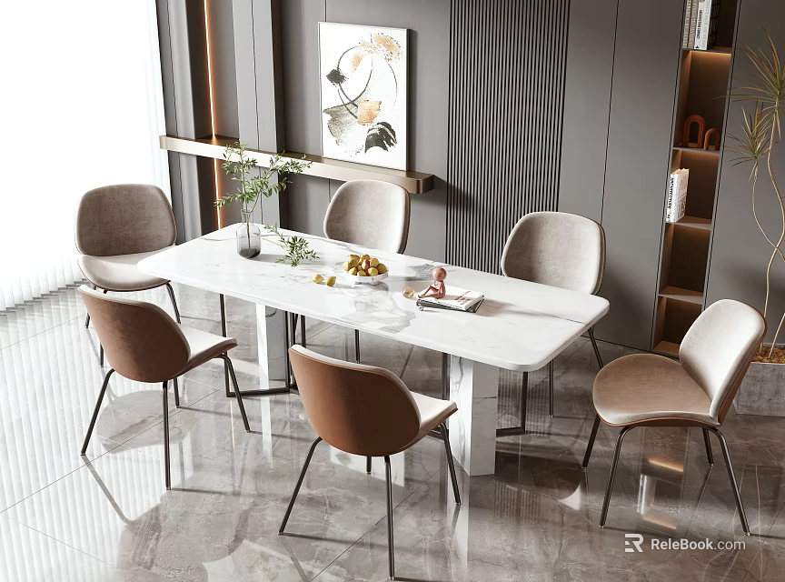 Modern Dining Table Set with White Rectangular Top Six Gray Brown Chairs and Decorative Elements 3d model 