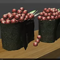 Pink Round Fruits Wrapped in Seaweed Bowls on Wooden Tray with Scattered Pieces