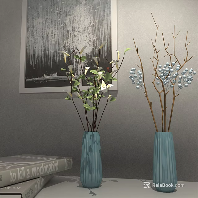Blue Vases With Green Leaves And White Berries Against Gray Wall With Black White Painting 3d model 