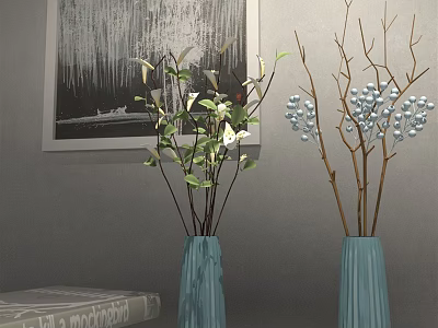 Blue Vases With Green Leaves And White Berries Against Gray Wall With Black White Painting 3d model