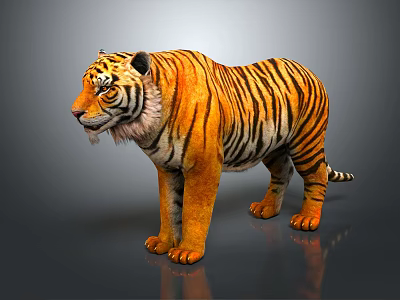 3D Rendered Tiger With Orange Black Stripes Standing On Gray Background 3d model