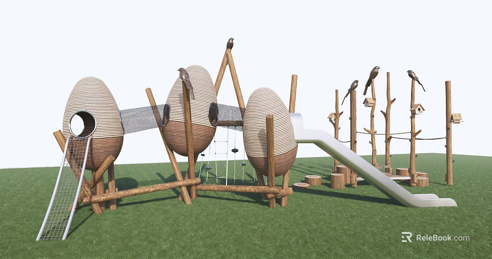 Natural Themed Playground Equipment With Egg Shaped Climbing Pods Slide And Net Elements 3d model 