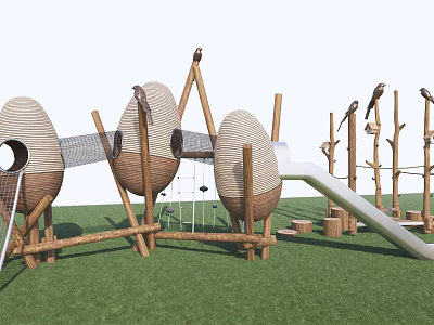 Natural Themed Playground Equipment With Egg Shaped Climbing Pods Slide And Net Elements 3d model