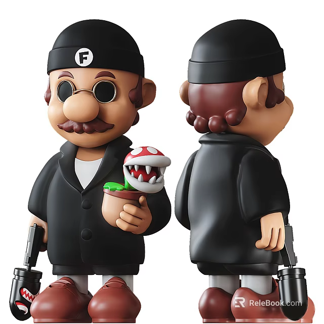 Cartoon Character Sculpture With Black Hat Mustache Holding Mushroom And Pistol 3d model 