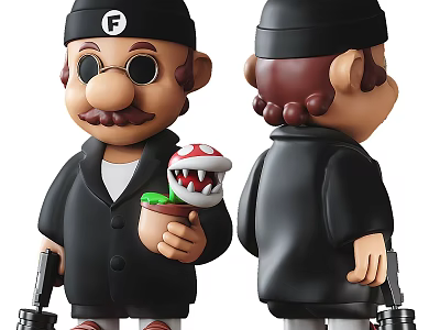 Cartoon Character Sculpture With Black Hat Mustache Holding Mushroom And Pistol 3d model