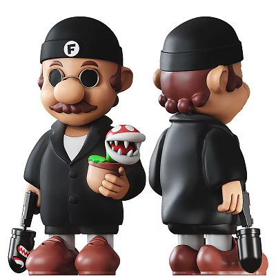 Cartoon Character Sculpture With Black Hat Mustache Holding Mushroom And Pistol 3d model