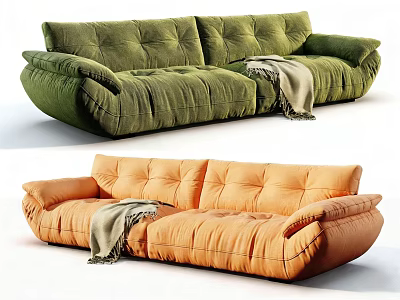 Plush Modern Sectional Sofa With Green Orange Tufted Design And Cozy Blanket 3d model
