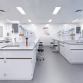 Modern Bright Laboratory Interior With Workbenches Stools Cabinets And Lights 3d model