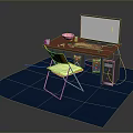 Red Home Office Desk With Yellow Chair Computer And Desktop Items On Blue Rug