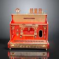 Vintage Red Electric Espresso Machine With Gold Decor Accents And Control Dials