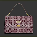 Stylish Pink Red Patterned Handbag With Brown Leather Handle And Golden Buckle