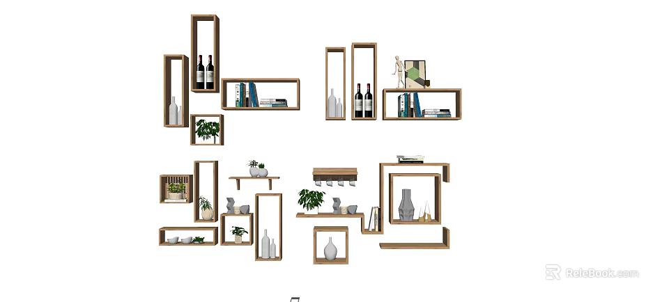 Stylish Wall And Hanging Cabinets With Wooden Shelves Plants And Decorative Items 3d model 