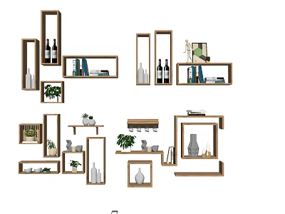 Stylish Wall And Hanging Cabinets With Wooden Shelves Plants And Decorative Items 3d model
