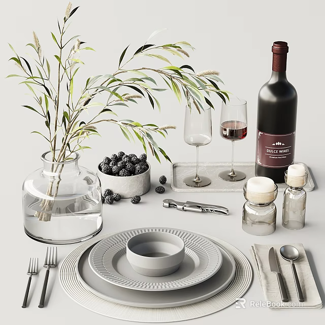 Tableware Set With Plates Bowl Utensils Vase Olive Branches Blueberries Wine Glasses And Condiment Jars 3d model 