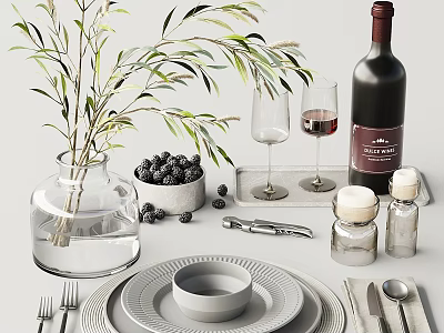 Tableware Set With Plates Bowl Utensils Vase Olive Branches Blueberries Wine Glasses And Condiment Jars 3d model