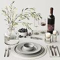 Tableware Set With Plates Bowl Utensils Vase Olive Branches Blueberries Wine Glasses And Condiment Jars