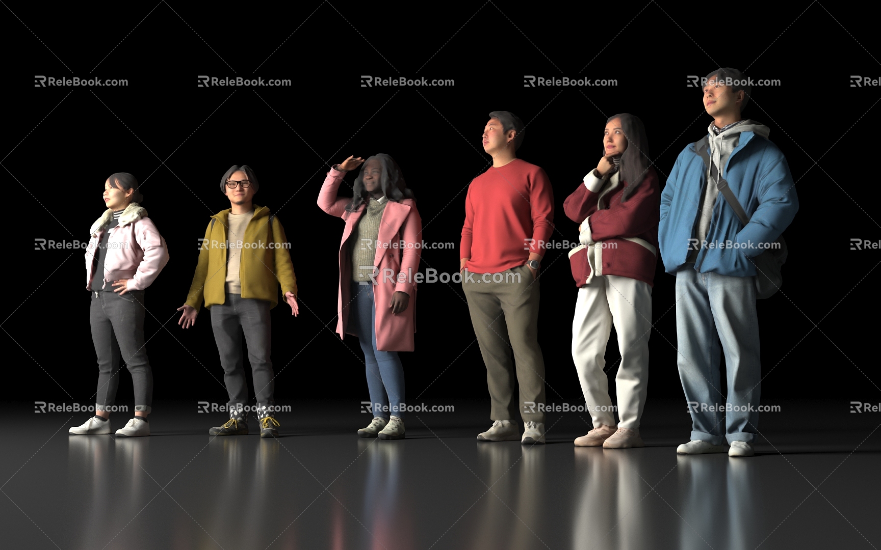 Many characters stand up men and women foreigners white yellow black tourists professional waiter scene passers-by shop 3d model