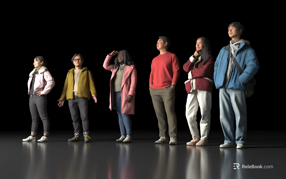 Group of Six People Standing Together in Casual Outfits and Varied Poses 3d model 