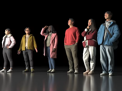 Group of Six People Standing Together in Casual Outfits and Varied Poses 3d model