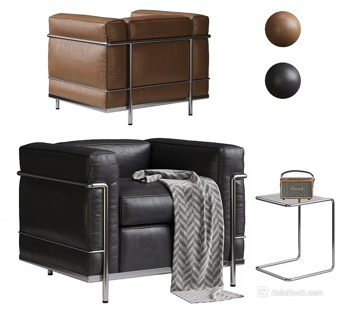 Black Leather Single Sofa With Metal Frame And Side Table With Blanket 3d model 