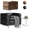 Black Leather Single Sofa With Metal Frame And Side Table With Blanket