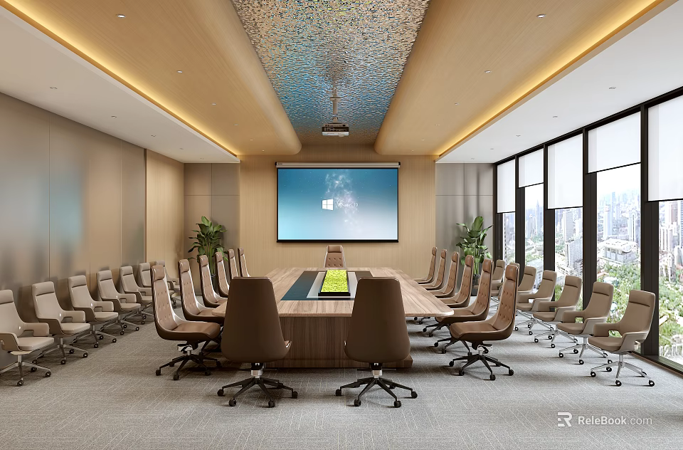 Modern Conference Room Interior With Large Wooden Table Ergonomic Chairs Projector Screen And Floor-to-Ceiling Windows 3d model 