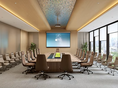 Modern Conference Room Interior With Large Wooden Table Ergonomic Chairs Projector Screen And Floor-to-Ceiling Windows 3d model