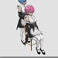 Anime Style Female Characters With Blue And Pink Hair In Maid Outfits Standing And Sitting