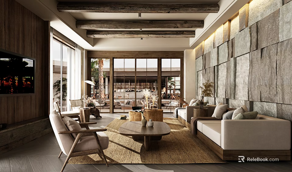 Modern Natural Interior With Wooden Ceiling Beams Large Windows Palm Trees Stone Wall Sofa Armchairs 3d model 