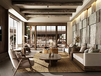 Modern Natural Interior With Wooden Ceiling Beams Large Windows Palm Trees Stone Wall Sofa Armchairs 3d model