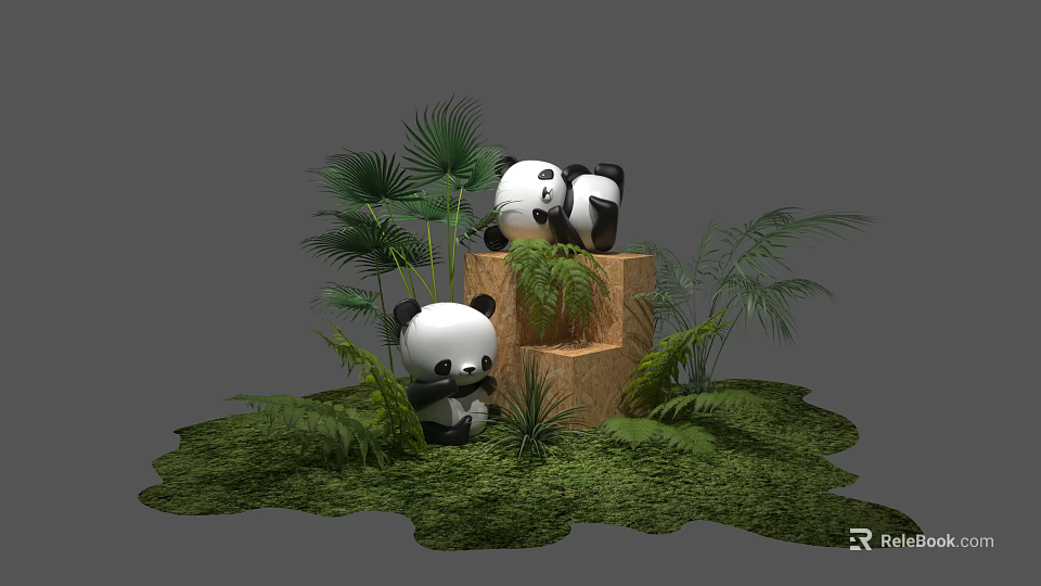 Bonsai Potted Plants with Panda Figurines on Stepped Platform Surrounded by Green Moss and Ferns 3d model 