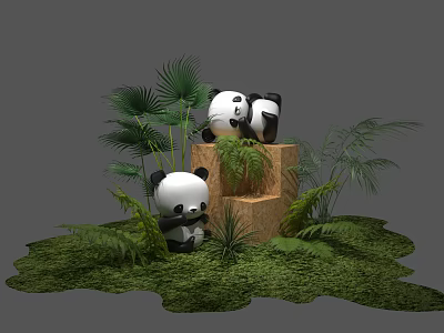 Bonsai Potted Plants with Panda Figurines on Stepped Platform Surrounded by Green Moss and Ferns 3d model