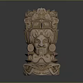 Ancient Maya Style Sculpture With Intricate Facial Carvings And Curved Ornaments