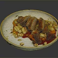 Roasted Duck Breast Slices With Hazelnuts Raspberries And Root Vegetable Purée On Ceramic Plate