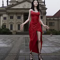 Woman In Red Spaghetti Strap Top With Long Black Hair In Front Of Classical Architecture