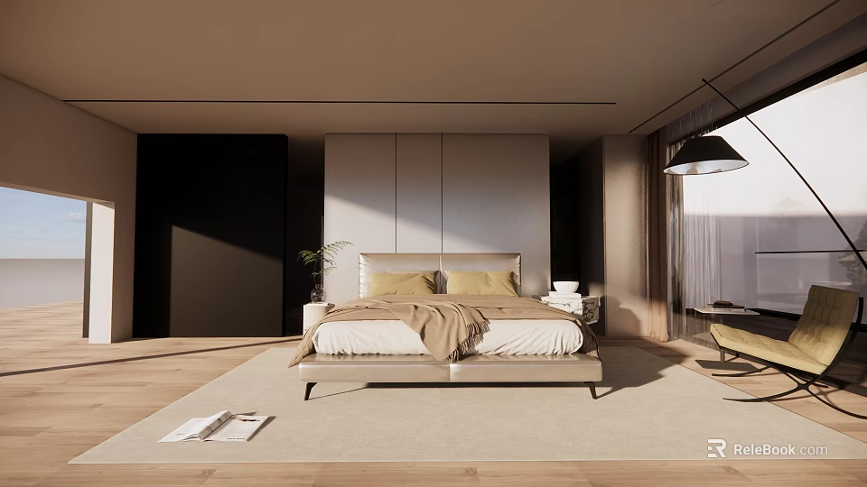 Modern Minimalist Bedroom Interior With Platform Bed Nightstand And Natural Lighting 3d model 