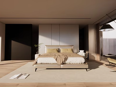 Modern Minimalist Bedroom Interior With Platform Bed Nightstand And Natural Lighting 3d model