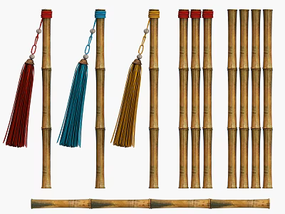 Bamboo Decorative Ornament Set With Red Blue Gold Tassels And Multiple Sticks 3d model
