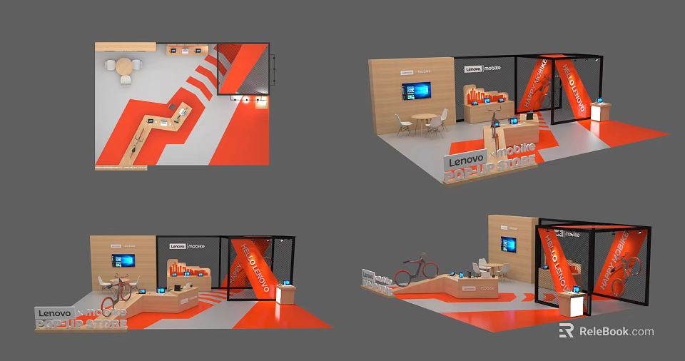 Modern Retail Display Counters and Shelves With Orange Accents And Product Display Areas 3d model 